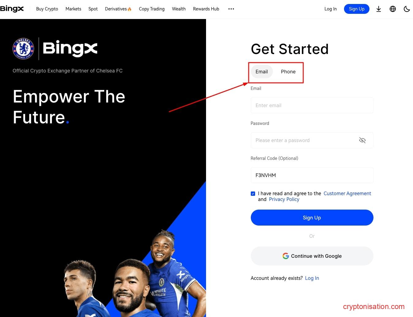 Выбор способа регистрации на BingX
