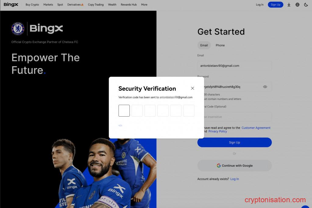 Подтверждение при регистрации на BingX