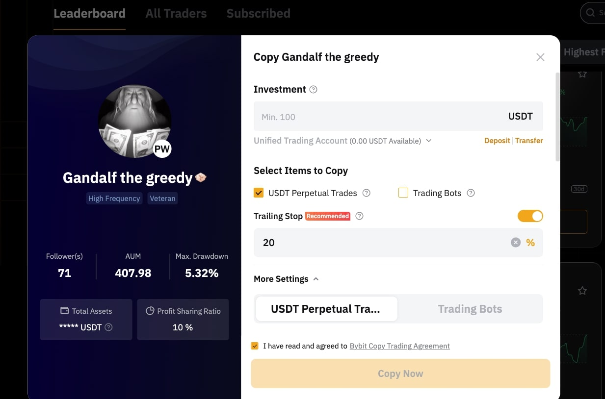 Bybit copy trading: выбор параметров