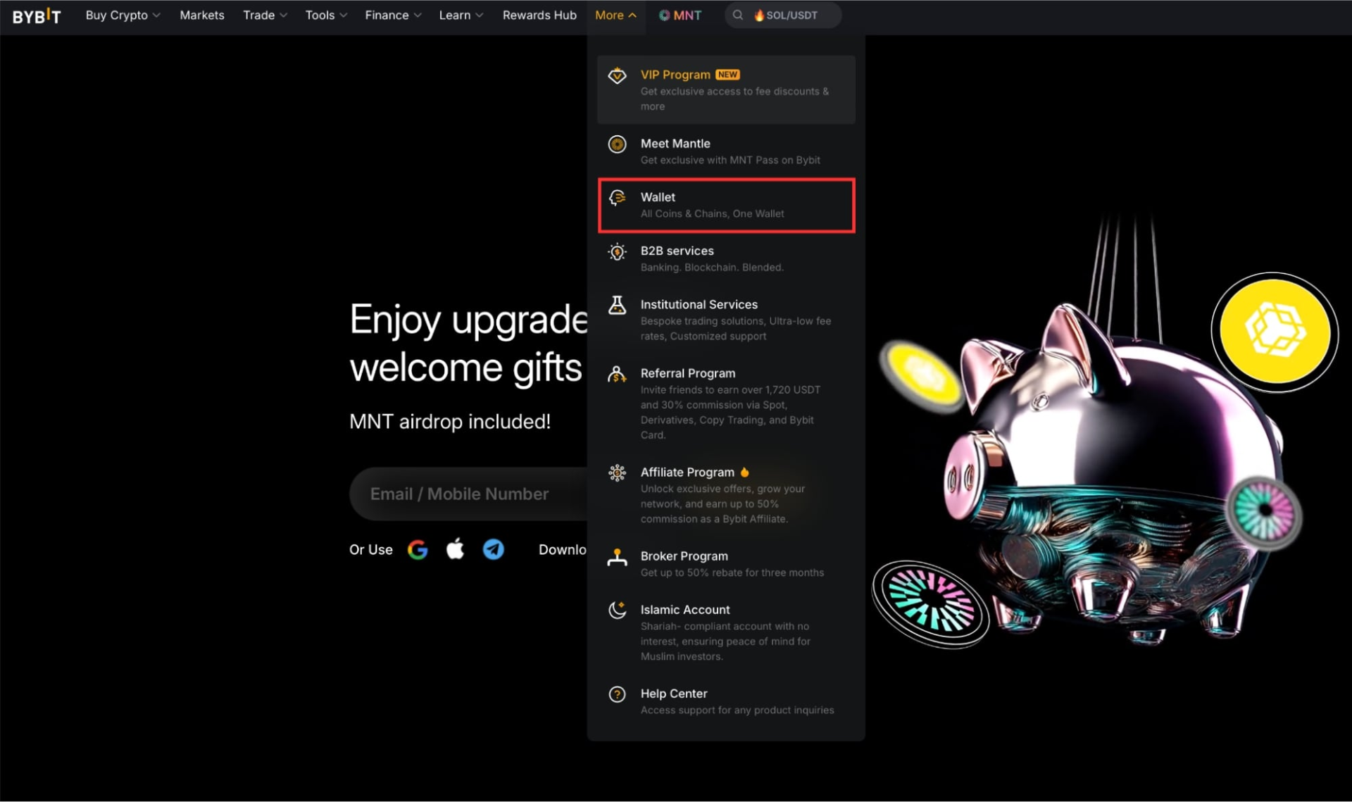 Вкладка wallet на сайте bybit.com