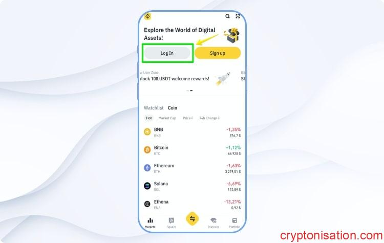 Strona główna aplikacji Binance