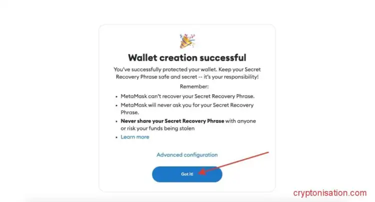 Último paso para crear su wallet