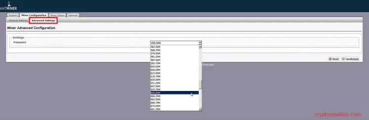 Sección Advanced Settings de la interfaz del minero ASIC Antminer S9