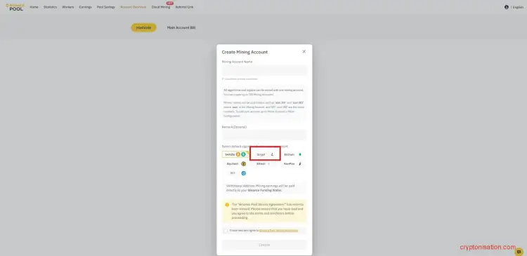 Ventana de creación de cuenta en Binance Pool 