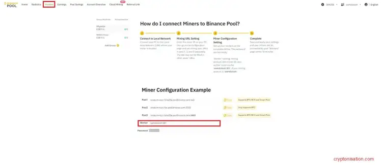 Datos del trabajador, URL y contraseña de Binance Pool