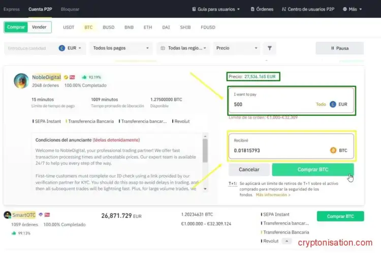 Crear una orden para la compra directa de BTC
