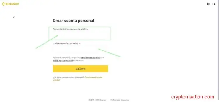 Formulario de registro de una cuenta personal de Binance