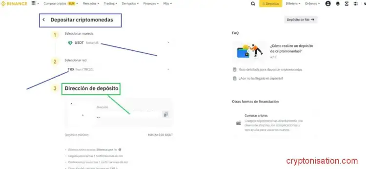 Dirección de depósito en USDT