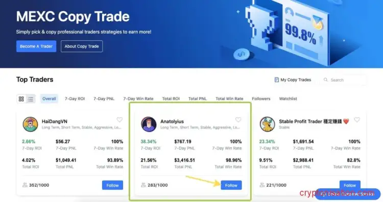 La página de copy trading