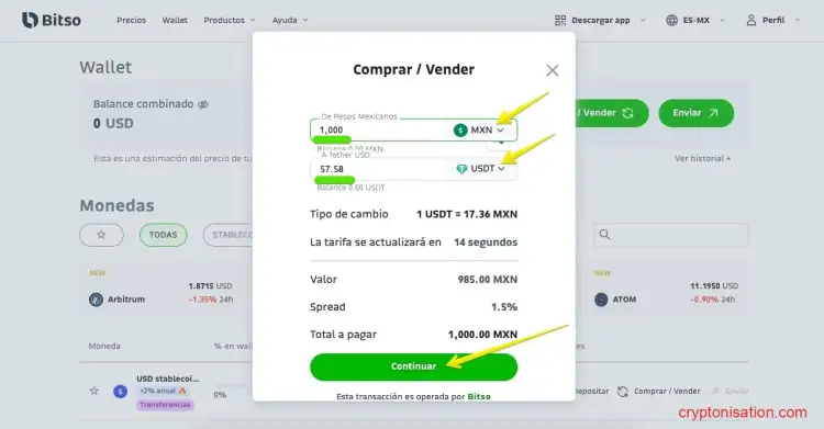 Creando una orden para comprar USDT por MXN