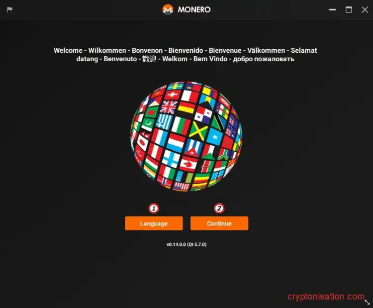 Okno GUI wallet przy pierwszym uruchomieniu portfela