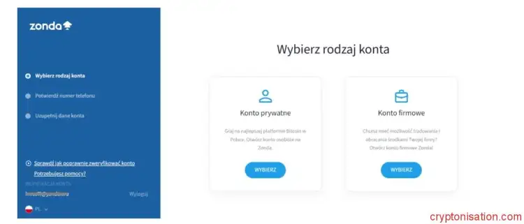 Wybór konta osobistego lub firmowego