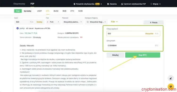 Tworzenie zlecenia na bezpośredni zakup BTC