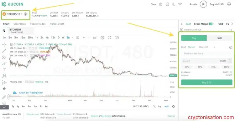 Kupno BTC za USDT na rynku spot Kucoin
