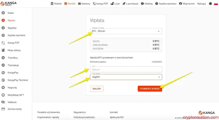 Uzyskanie adresu dla depozytu