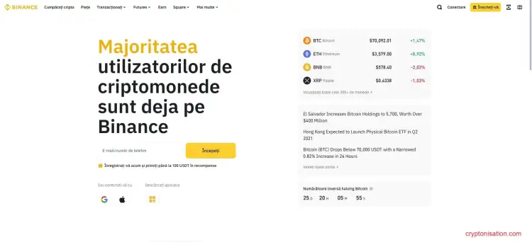 Pagina principală a bursei Binance