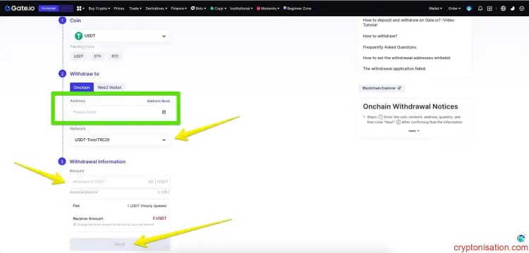 USDT çekme talebi oluşturma