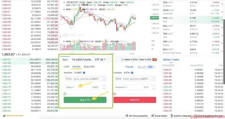 USDT karşılığında ETH satın alma emri