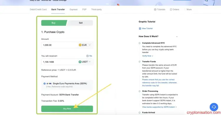 Euro karşılığında banka transferi ile USDT satın alma