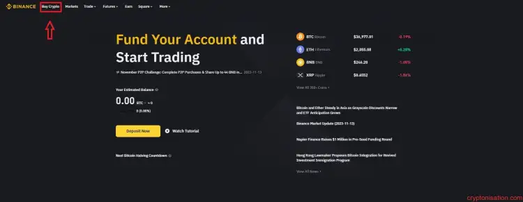  Binance ana sayfasında Buy Crypto