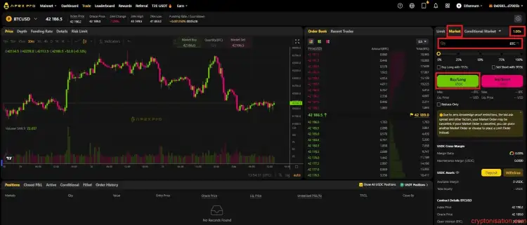 BTC/USDC futures'ı satın alma emri oluştururken doldurulması gereken alanlar