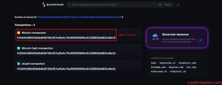 TxID sonuç listesi — Bitcoin (BTC) ağı seçilmeli