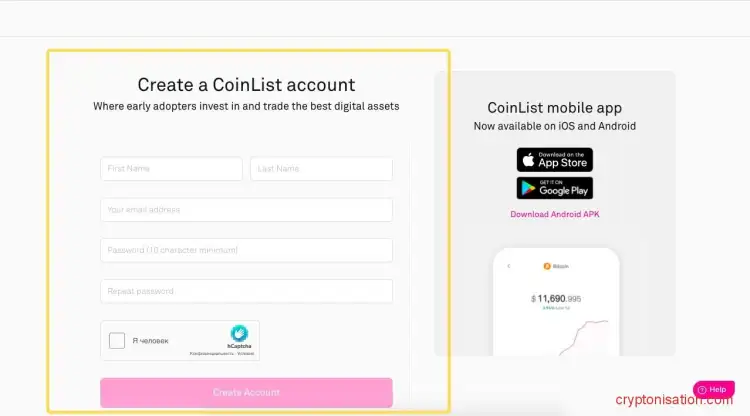 Форма регистрации на Coinlist
