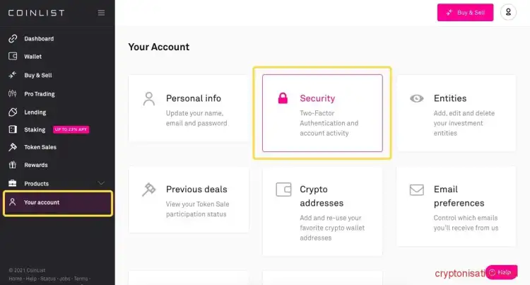 Настройки безопасности на Сoinlist
