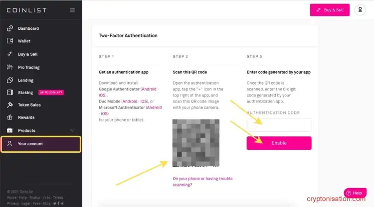 Подключение двухфакторной аутентификации на Сoinlist