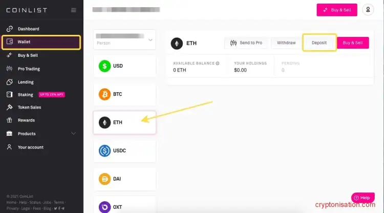Пополнение счета на Coinlist