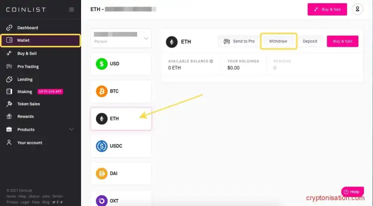 Вывод средств со счета Coinlist