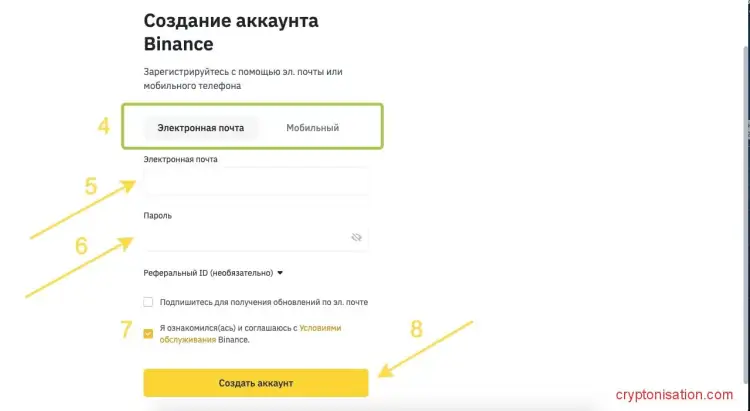 Создание аккаунта на Binance