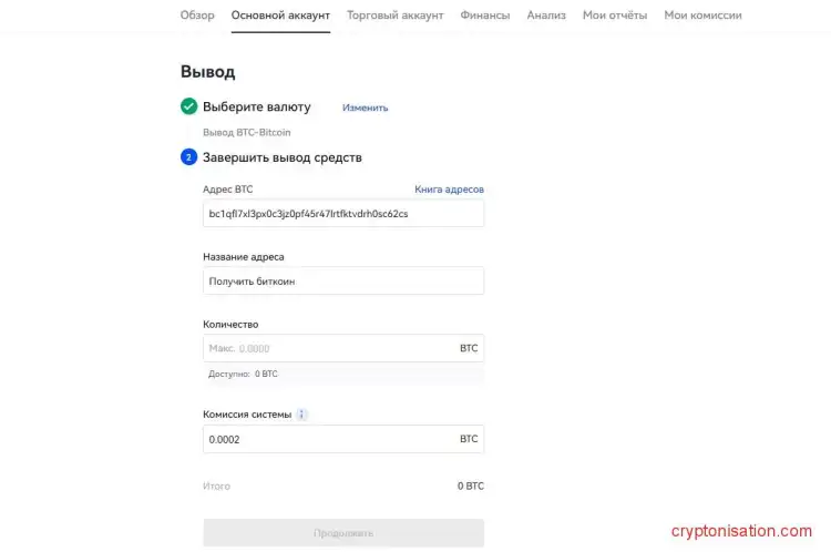 Заполнение полей на вывод биткоина. Второй шаг