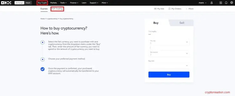 Раздел p2p-торговли на OKX