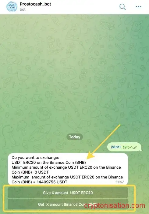 Обмен USDT ERC20 на BNB через торговый бот
