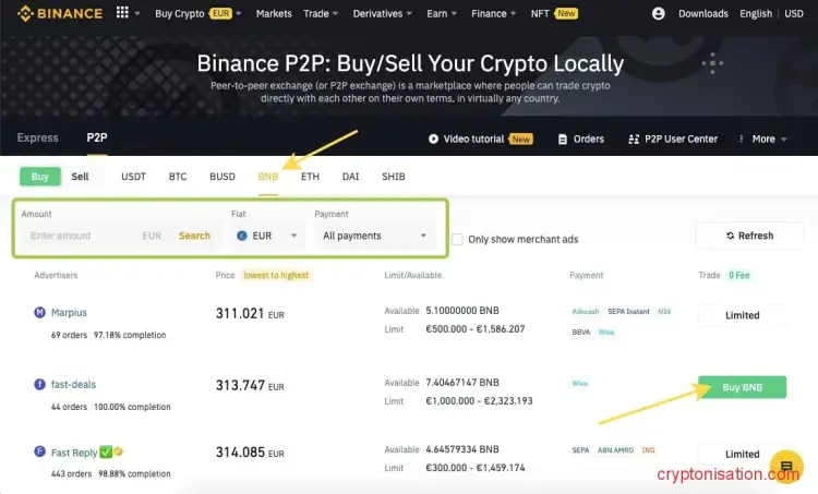 Покупка BNB на Binance P2P