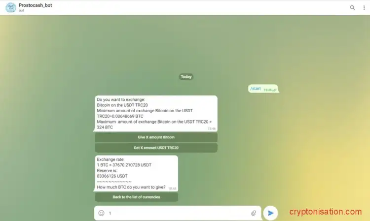 Окно диалога с @Prostocash_bot