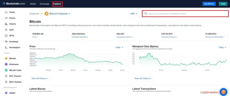 Страница Explorer сервиса blockchain.com