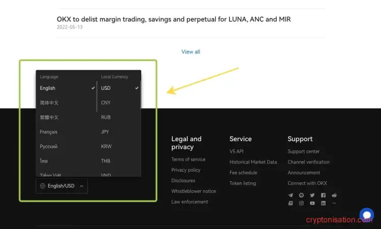 Настройки языка и местной валюты на OKX (OKEX)