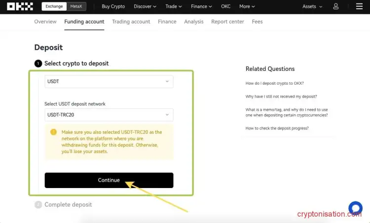 Депозит в USDT на OKX