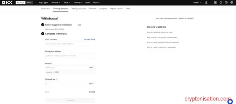Вывод USDC из OKX на кошелек Trust Wallet