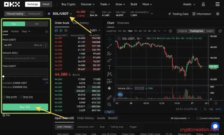 Покупка Solana за USDt на OKX (OKEX)
