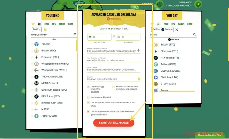 Обмен Advcash USD  на Solana через Baksman.org