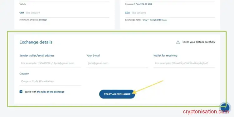 Детали обмена Advcash USD на Cardano (ADA)