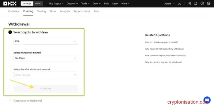 Вывод криптовалюты ADA с биржи OKX