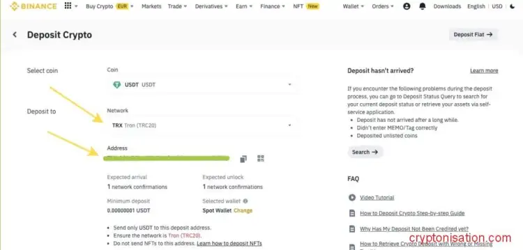 Выбор сети и адрес для перевода USDT