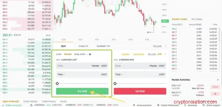 Форма создания ордера на покупку BNB за USDT
