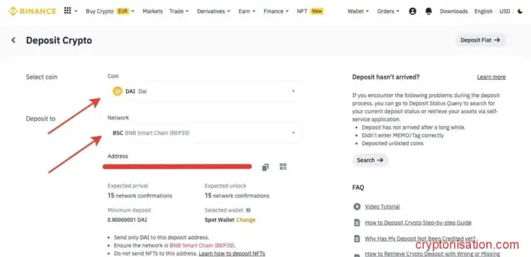 Выбор сети и адрес для перевода DAI