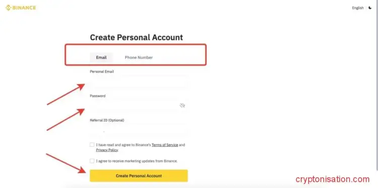 Регистрация на Бинансе по email