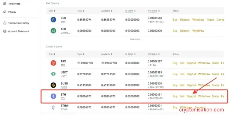 Депозит в ETH на Binance